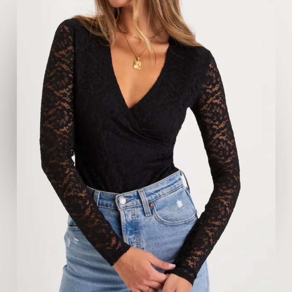 Lulus Adorable Embrace Black Lace Long Sleeve Bodysuit